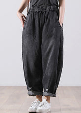 Schwarze Taschen Baumwolle Denim Haremshose Hohe Taille Loch